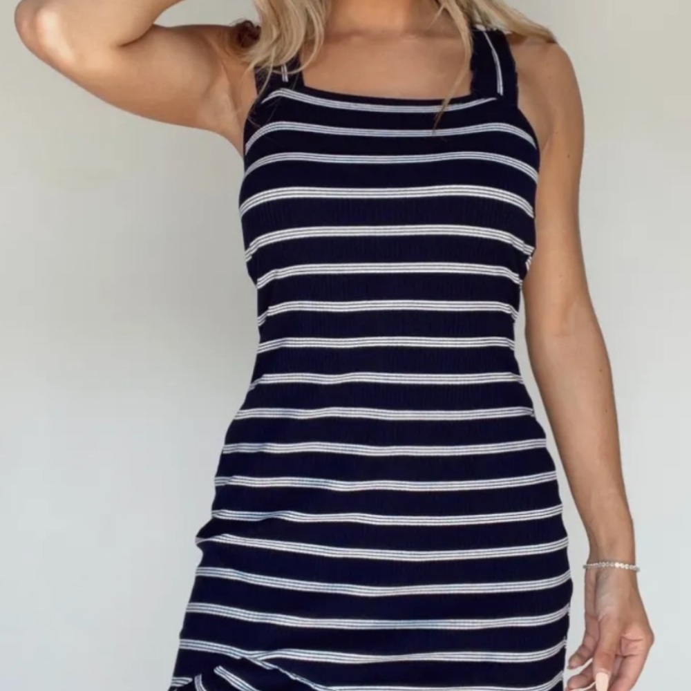 Navy Striped Ruffled Mini Dress - Picture 4 of 6